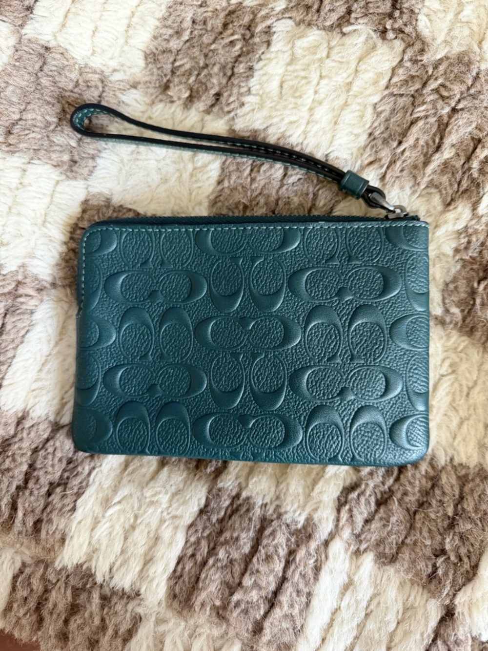 Coach Teal Embossed Signature Leather Wristlet